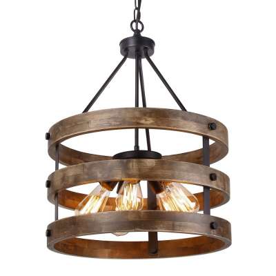 Anmytek Metal and Circular Wood Chandelier Pendant Five Lights Oil Black Finishing Retro Vintage Industrial Rustic Ceiling Lamp